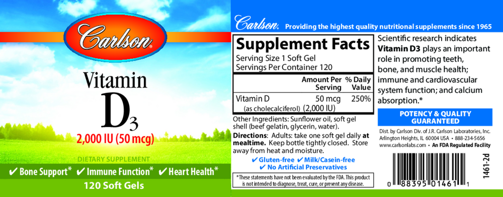 Carlson Labs Vitamin D3 2,000 units (50mcg) 120 Caps