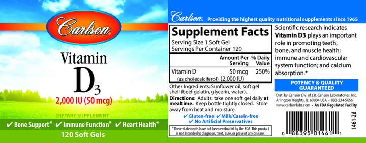 Carlson Labs Vitamin D3 2,000 units (50mcg) 120 Caps