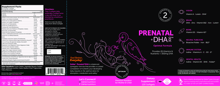 Advanced Nutrition by Zahler Prenatal +DHA 300™ Kosher (1 month supply, 60 caps)